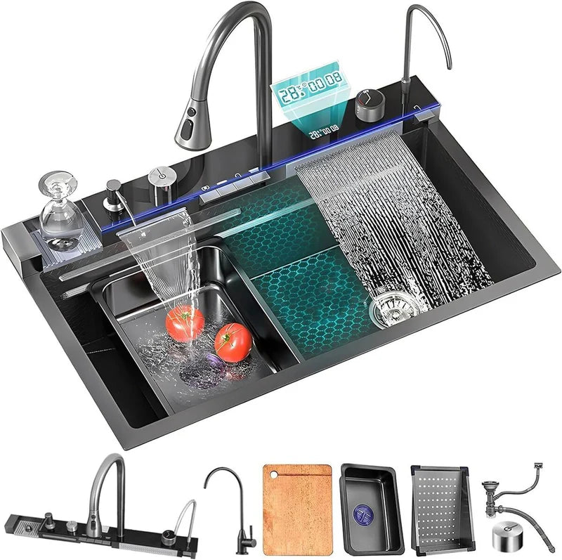 Fregador De Cocina Multifunción Nano Black Piano Switch 750X460x220mm Negro Plomo Fregadores Tinas De Cocina IBK-01 CARBONE