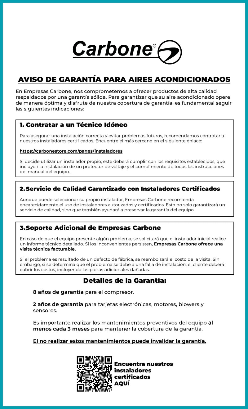 Aire Acondicionado Split Inverter 12,000 Btu R32 Coil De Cobre SEER 18 Carbone BTU-01-12000-INV