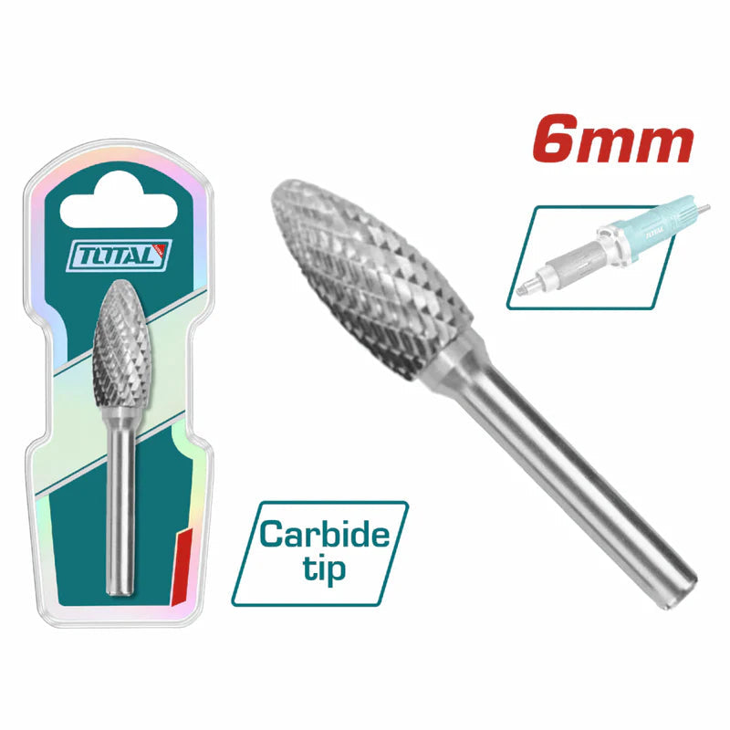 Fresa Lima Rotativa De Carburo De Tungsteno Ovalada Vástago 6Mm Para Mototool. Cabeza 8Mm. TAKC1002 TOTAL