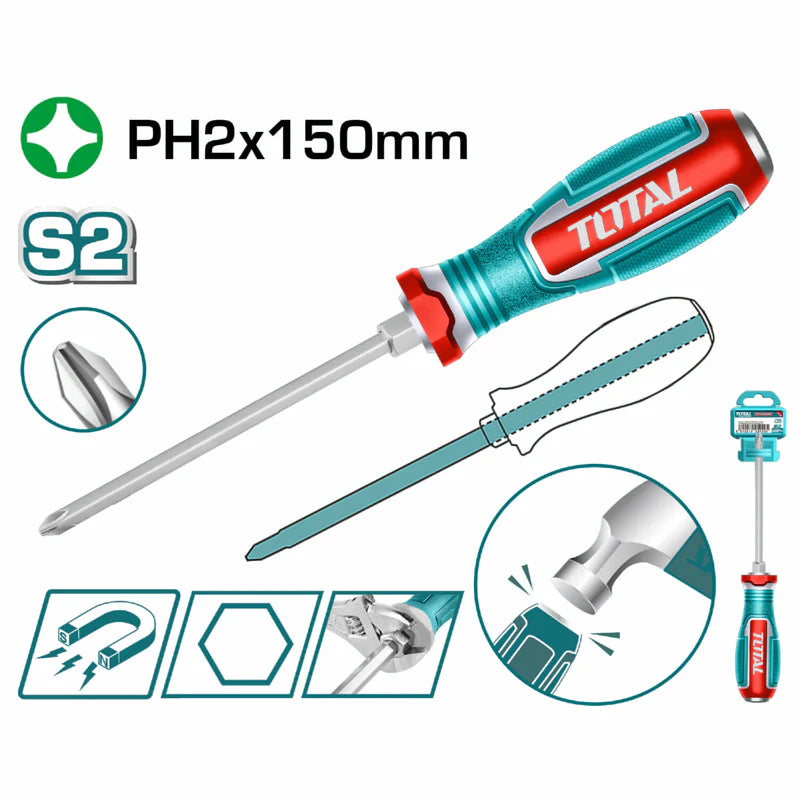 Destornillador Pasante Phillips 6X150mm Material De La Hoja: S2 Tipo De Punta: Phillips PH2 Magnético. TGTPH2150 TOTAL