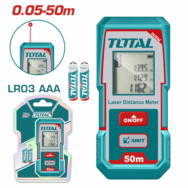 Medidor Laser Rango 0.05-50Mts. Exactitud ±2.0Mm. 635Nm, <1Mw. (Utiliza Baterías AAA) TMT55016 TOTAL