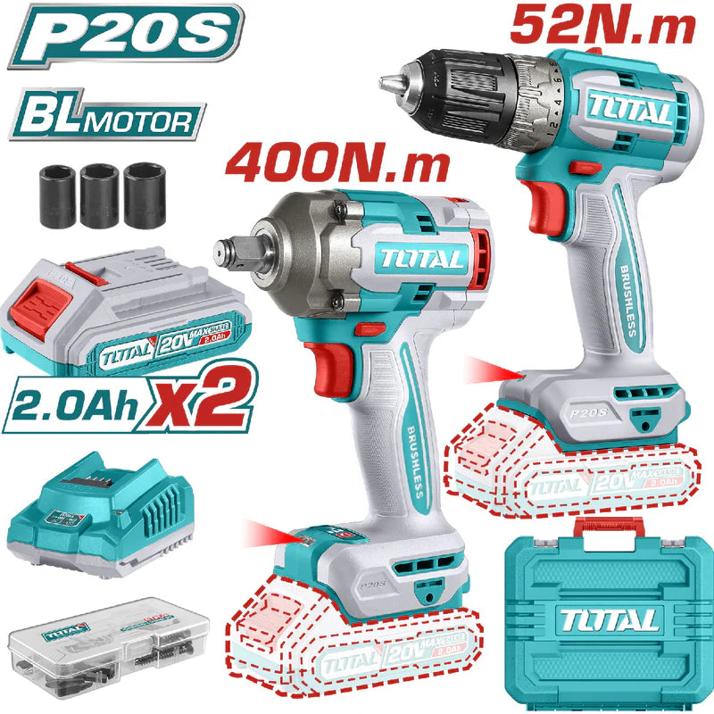 Combo Del Mes Total Taladro Inalámbrico Sin Escobillas 20V 52Nm. Llave De Impacto 400Nm Sin Escobillas Batería Y Cargador. POCAS UNIDADES Total UTCKLI20271