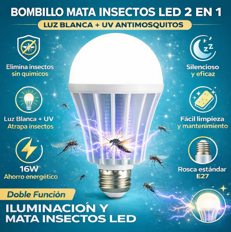 Foco Mata Mosquitos. Lámpara Antimosquitos LED 16W Con Luz Blanca Y Ultravioleta. Bombillo Mata Insectos. Luz Nocturna Repelente. TU352 Selecto