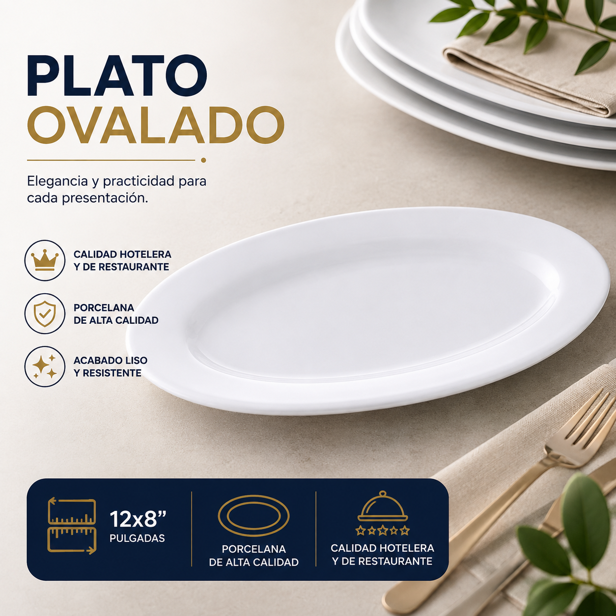 Plato Ovalado de Porcelana Blanco 12×8” – Calidad Hotelera y Restaurante – 705-1444818