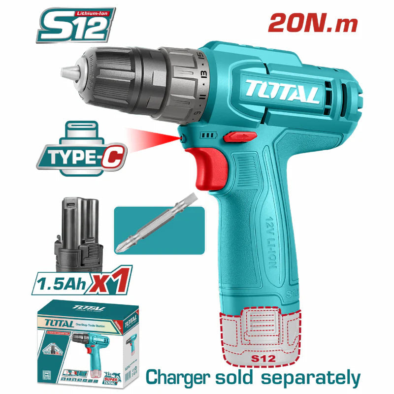 Taladro Inalámbrico De 12V. Veloc. Sin Carga: 0-750Rpm. 20Nm. Torque:15+1. Carga USB-C. Incluye Una Batería. No Incluye Cargador. TDLI12456 TOTAL
