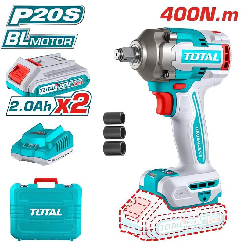 Llave Impacto Dado Cuadrado 1/2" 20V. Brushless Sin Escobillas. 400Nm. 2 Baterías Y 1 Cargador. Total UTIWLI2040 TOTAL