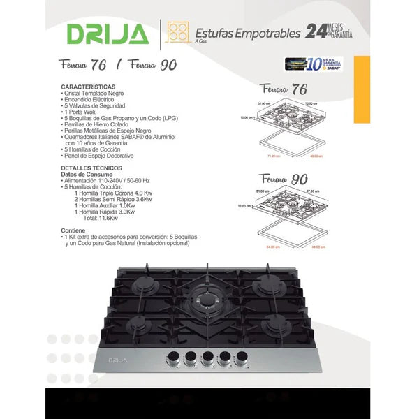Estufa Empotrable a Gas 5 Quemadores FERRARA 76 PRO Drija
