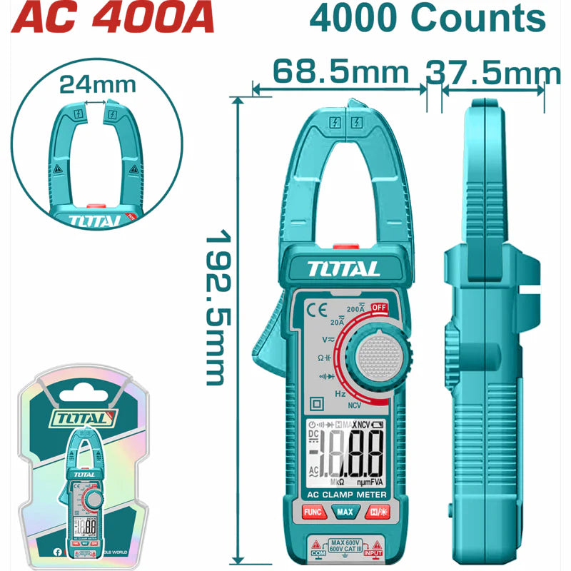 Medidor De Abrazadera Pinza Amperimétrica 4000 Cuentas. Con Retención De Datos. AC 400A. Resistencia 400?. Total TMT762001 TOTAL