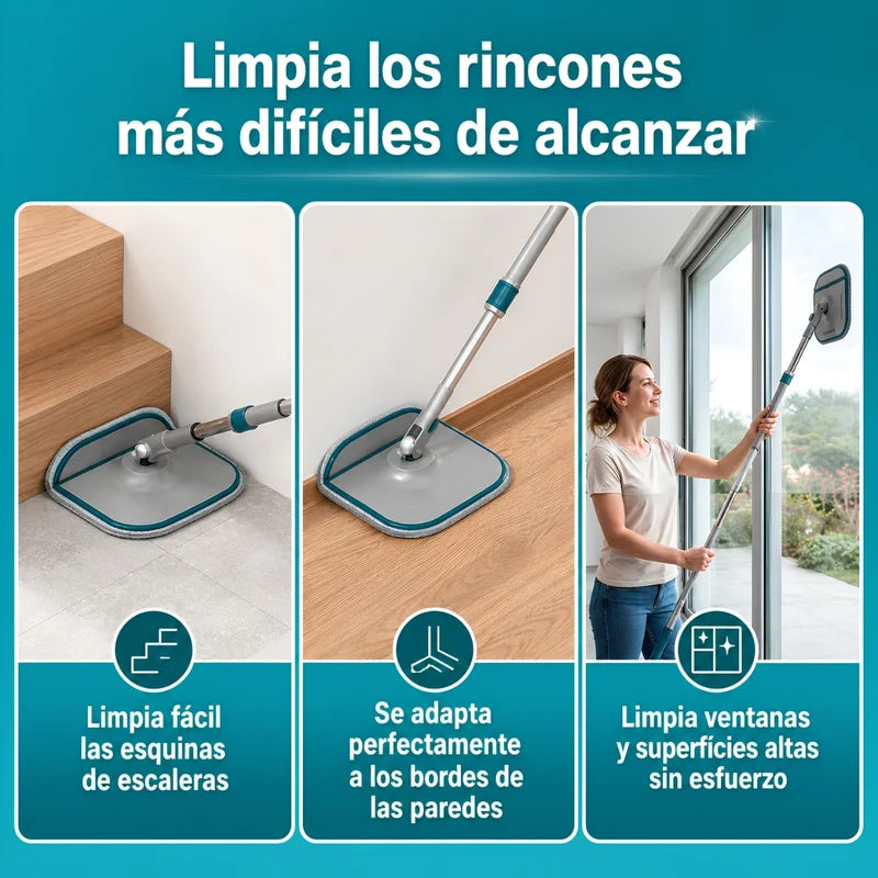Trapeador Giratorio 360° Ultra Transparente Con Balde Autolimpiante Y Escurridor + 2 Mopas. Fregona Spin Mop Con Mango De 132Cm Para Pisos. Carbone Clean Freak UN-C016