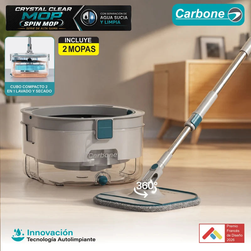 Trapeador Giratorio 360° Ultra Transparente Con Balde Autolimpiante Y Escurridor + 2 Mopas. Fregona Spin Mop Con Mango De 132Cm Para Pisos. Carbone Clean Freak UN-C016