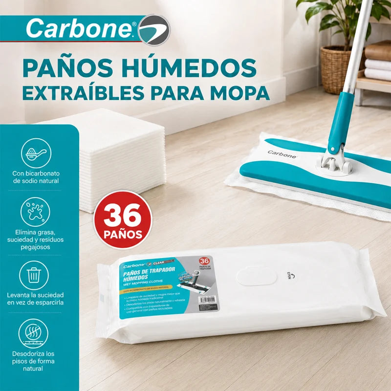Repuesto Paños Húmedos Para Trapeador Con Mopa Carbone Clean Freak Clipmaster Pro (UN-C030). Pack De 36 Paños Para Limpieza De Pisos. UN-C031