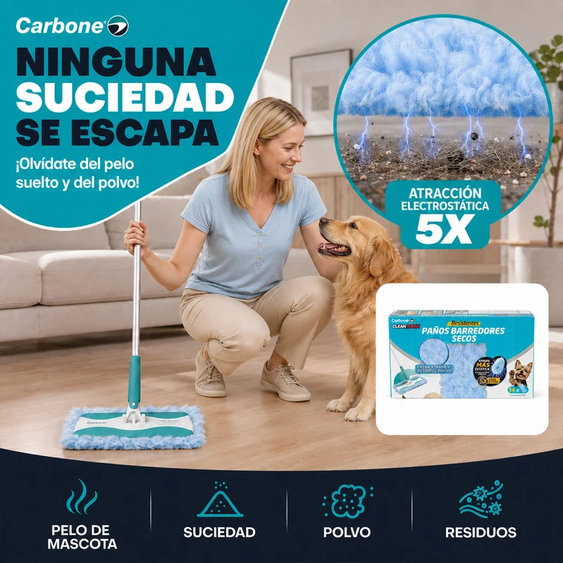Repuesto Paños Barredores Secos Carbone Clean Freak Para Trapeador Clipmaster Pro Con Mopa. Pack De 14 Paños Atrapa Polvo Y Pelos De Mascotas. Compatible Con UN-C030. UN-C032