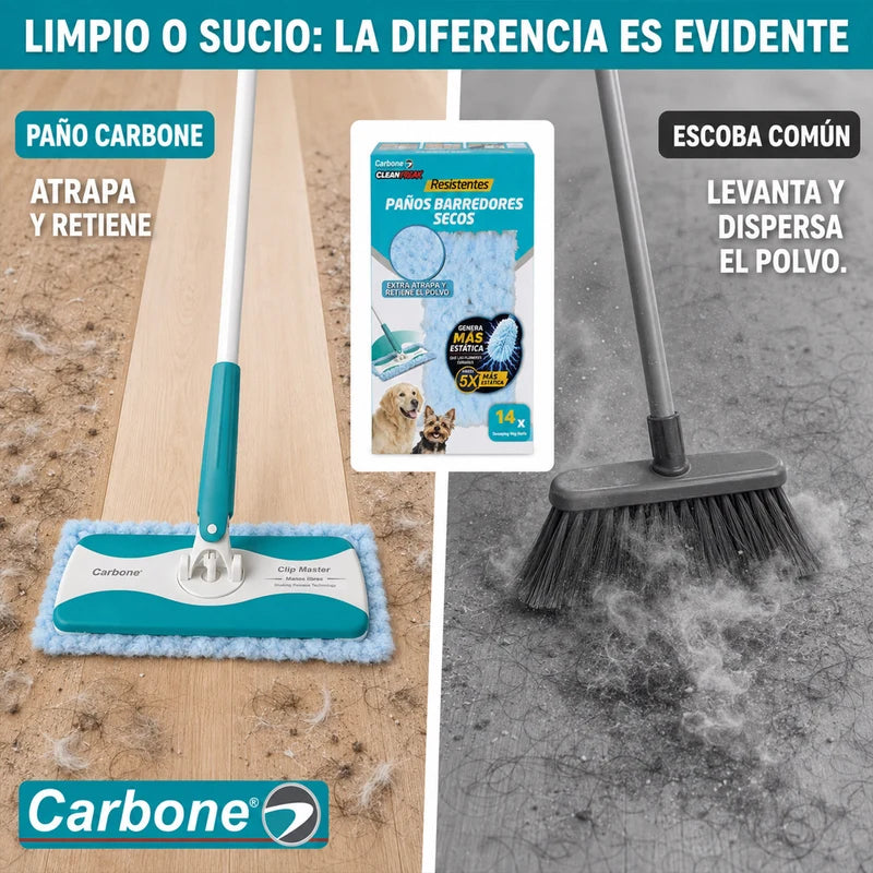 Repuesto Paños Barredores Secos Carbone Clean Freak Para Trapeador Clipmaster Pro Con Mopa. Pack De 14 Paños Atrapa Polvo Y Pelos De Mascotas. Compatible Con UN-C030. UN-C032