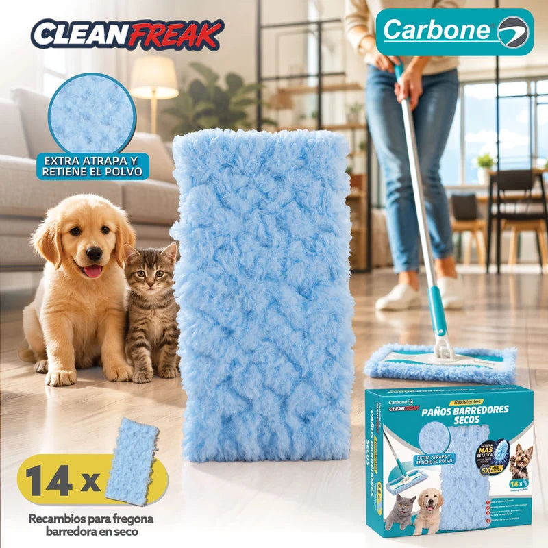 Repuesto Paños Barredores Secos Carbone Clean Freak Para Trapeador Clipmaster Pro Con Mopa. Pack De 14 Paños Atrapa Polvo Y Pelos De Mascotas. Compatible Con UN-C030. UN-C032