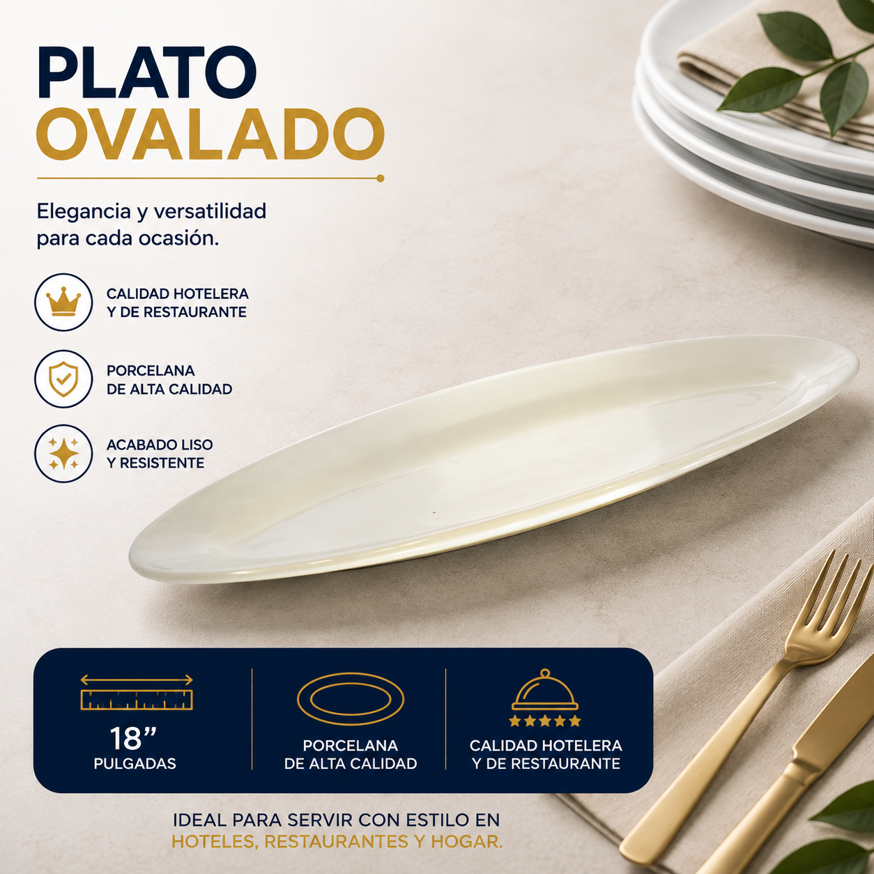 Plato Ovalado de Porcelana Blanco 18” – Calidad Hotelera y Restaurante – 705-0424262