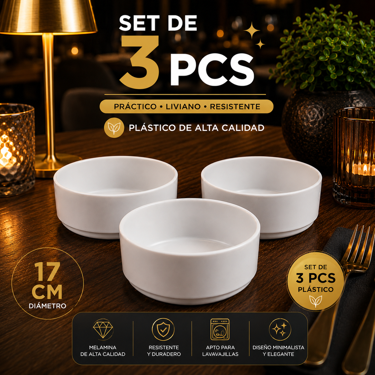 Set 3 Platos Bowl Tazón Hondo de Melamina Plástico Blanco 17cm – Calidad Profesional para Restaurantes y Hoteles | 726-TR2330W