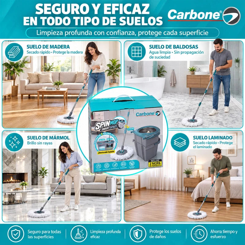 Trapeador Smart Space Spin Mop Giratorio 360° Con Sistema De 2 Baldes Apilables Para Agua Limpia Y Sucia. Fregona Con Mango Ajustable Y 2 Mopas. Carbone Clean Freak UN-C026