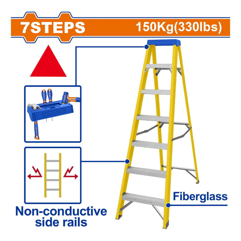 Escalera De Fibra De Vidrio 7 Escalones. Altura De Paso: 280Mm. Carga Máxima: 150Kg. De Tijera Wadfow WLD0907 WADFOW