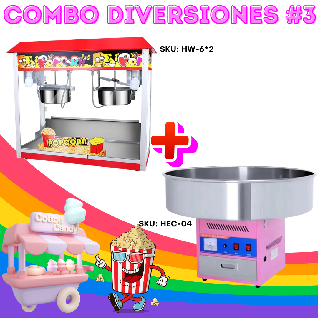 Combo Diversiones #3 Máquina de Popcorn Doble 6oz HW-6*2 + Máquina de Algodón de Azúcar HEC-04 Millo. Palomitas.