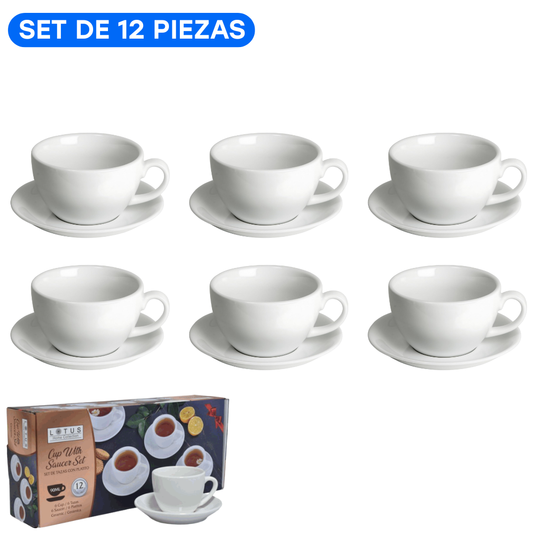 Set de 6 Tazas con Platos de Cerámica Blanca 90ml Lotus LHC-9688