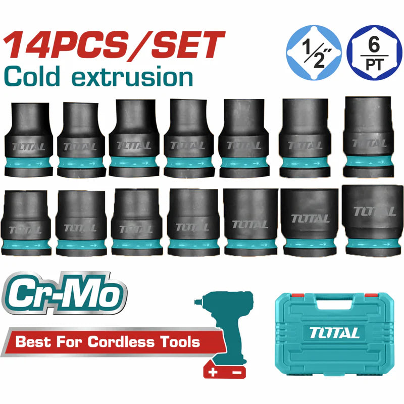 Dados Socket De Impacto 1/2" 10-27Mm. Cr-Mo. Tratamiento Térmico. Set De 14 Piezas. Total THISTD12141