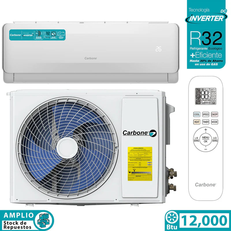 Aire Acondicionado Split Inverter 12,000 Btu R32 Coil De Cobre SEER 18 Carbone BTU-01-12000-INV