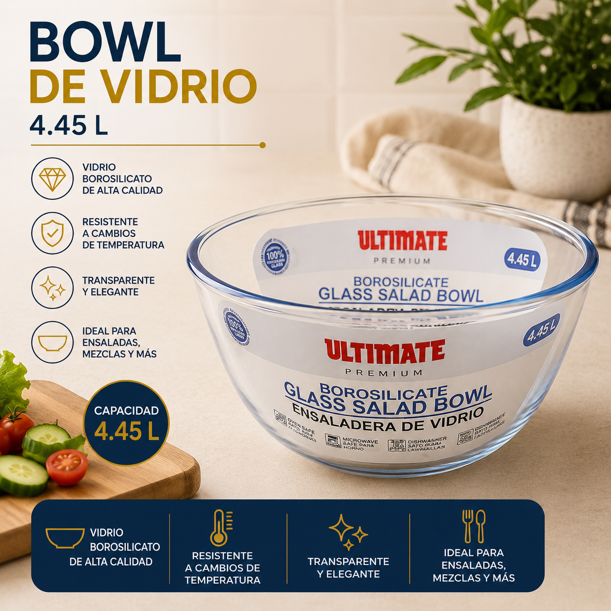 Bowl Plato Hondo Ensaladera de Vidrio Borosilicato 4.45L – 750-SRO4450