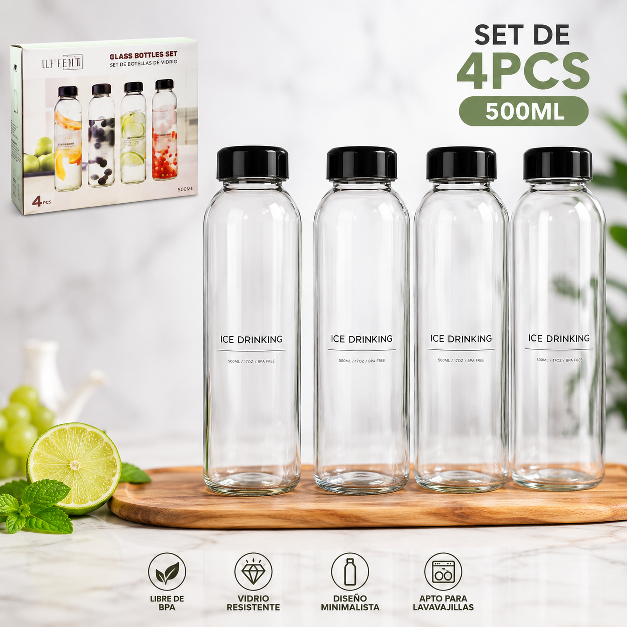 Set de 4 Botellas de Vidrio 500ml – 750-00883