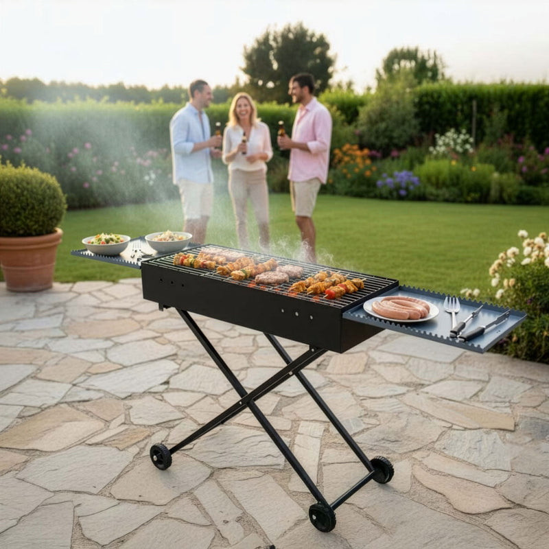 Parrilla De Carbón BBQ 30X80cm Portátil De Hierro Con Tapas Laterales Y Estantes. Asador A Carbon UN-A036 Selecto