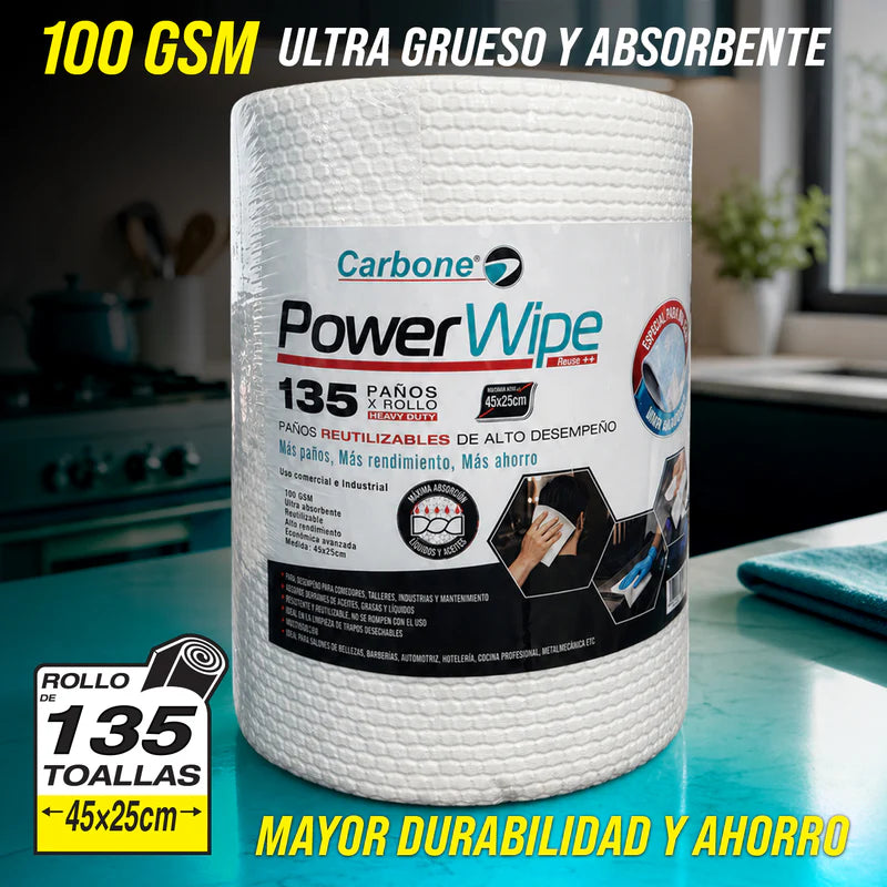 Paño Industrial Toalla Reutilizable Carbone Powerwipe Rollo De 135 Hojas (45X25cm) Ultra Grueso Y Absorbente 100 GSM Mayor Durabilidad Y Ahorro PWC100GSM