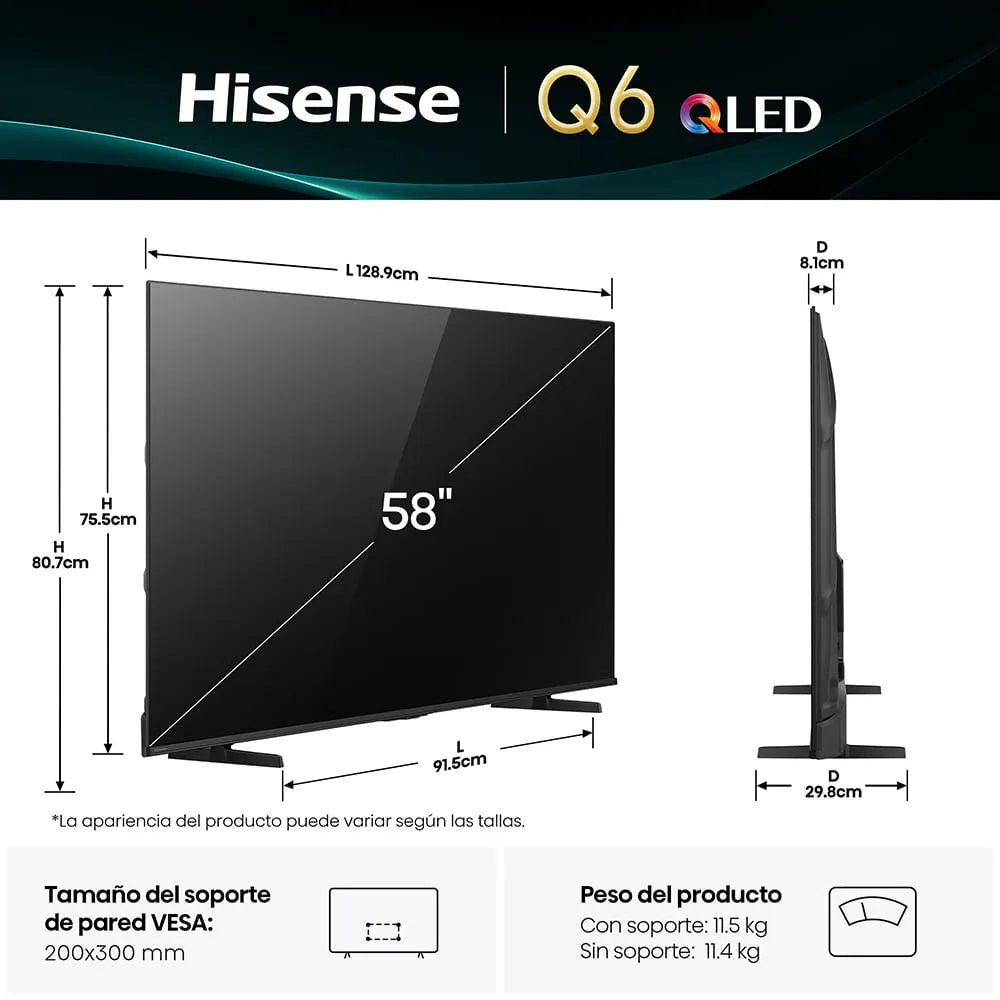 Smart TV Hisense 58Q6QV 58" QLED 4K UHD VIDAA con Dolby Vision, Dolby Atmos y Game Mode Plus