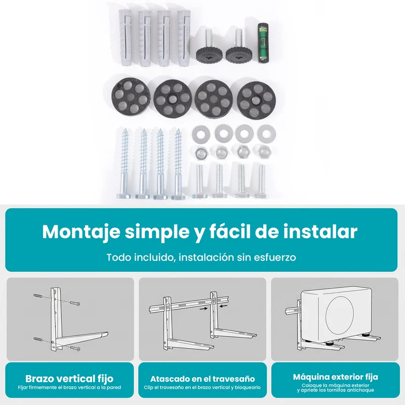 Soporte Bracket Para Aire Acondicionado 80X40x50cm De Hierro Compatible 12000–18000 BTU Y Espesor 1.8 Mm. Incluye Accesorios Y Almohadillas Antivibración. Color Blanco. AN95
