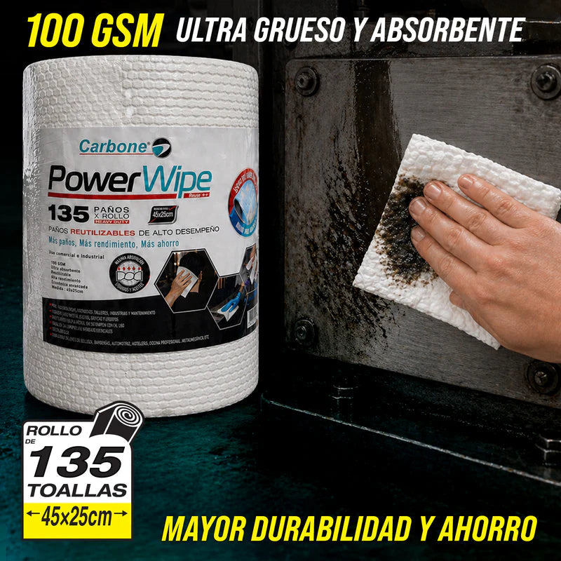 Paño Industrial Toalla Reutilizable Carbone Powerwipe Rollo De 135 Hojas (45X25cm) Ultra Grueso Y Absorbente 100 GSM Mayor Durabilidad Y Ahorro PWC100GSM