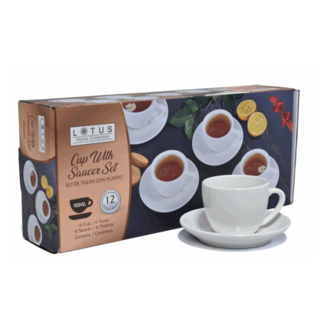Set de 6 Tazas con Platos de Cerámica Blanca 90ml Lotus LHC-9688