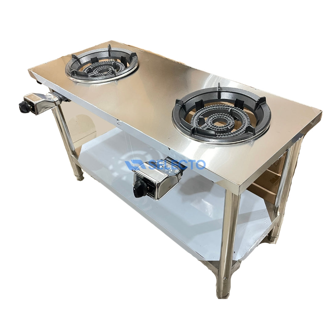 Doble Estufa 31A a Gas con Mesa de Acero Inoxidable de 2 Niveles 80x120x50cm L-200 Selecto