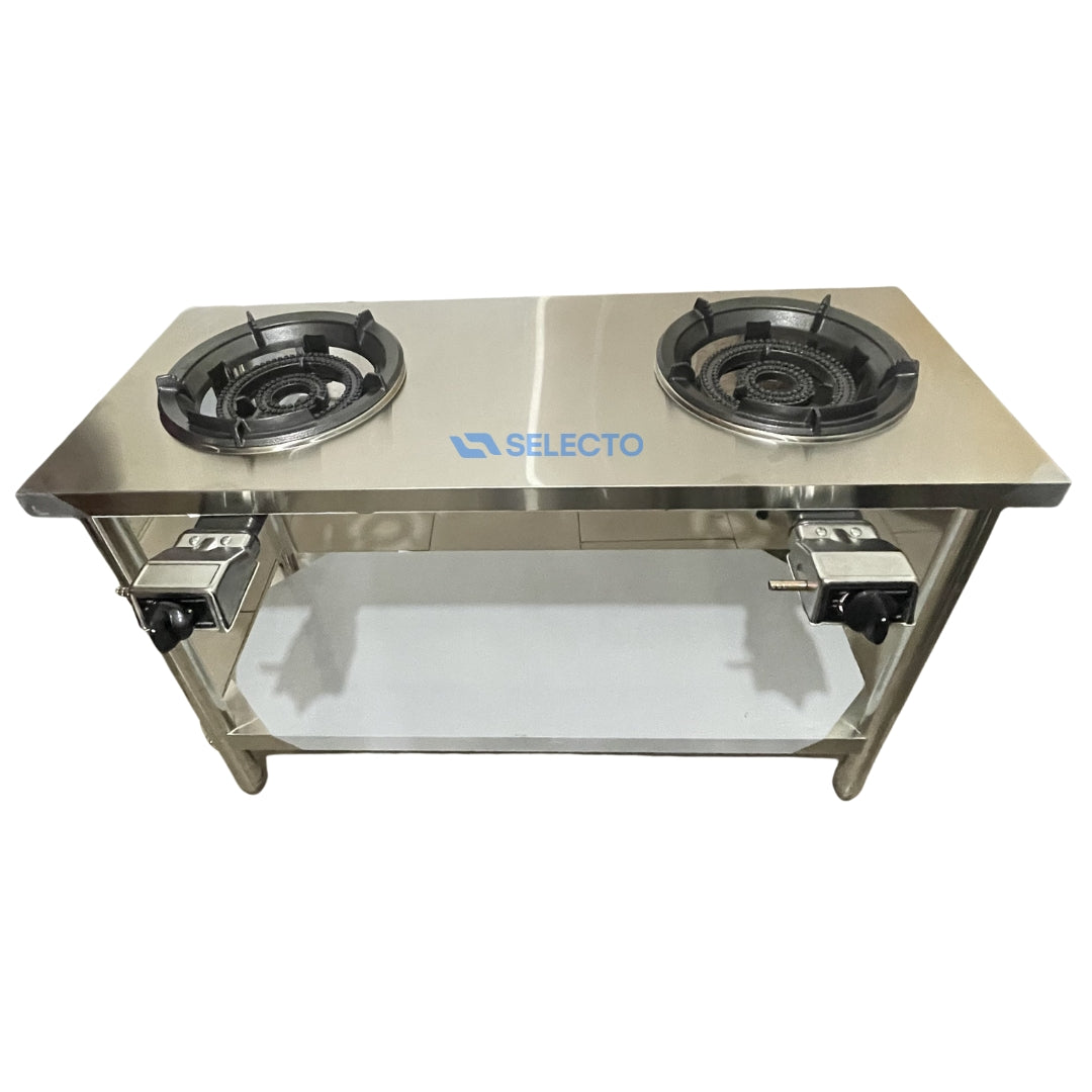 Doble Estufa 31A a Gas con Mesa de Acero Inoxidable de 2 Niveles 80x120x50cm L-200 Selecto