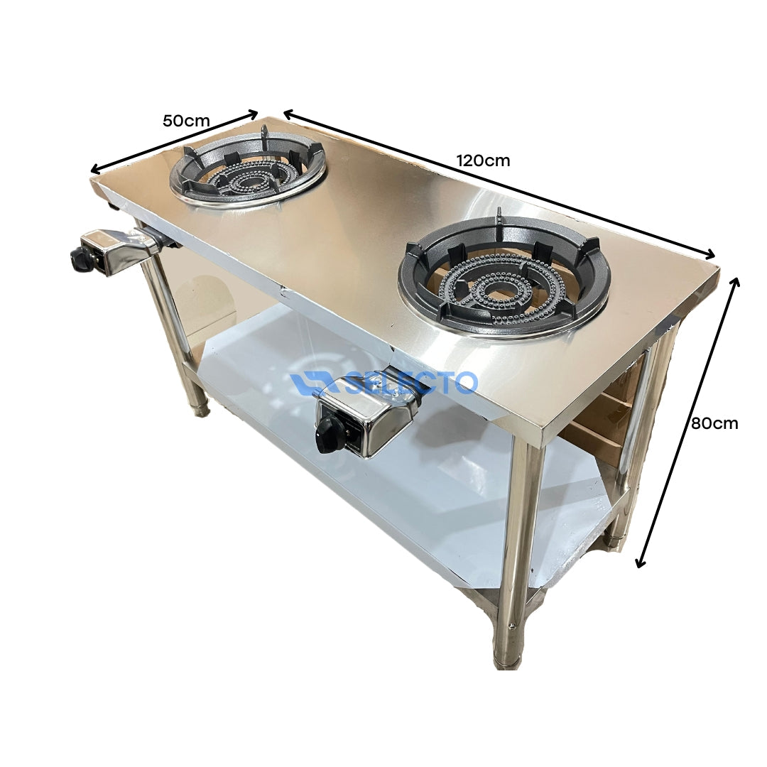 Doble Estufa 31A a Gas con Mesa de Acero Inoxidable de 2 Niveles 80x120x50cm L-200 Selecto