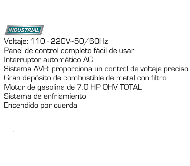 Generador Gasolina Total 110V-220V 60Hz 7.0 HP. 3000 W (RPM):3600. Inicio De Cuerda. Motor De 4 Tiempos Total UTP130005 TOTAL