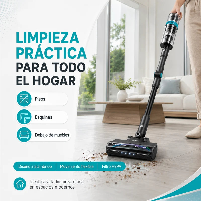 Aspiradora Inalámbrica Inteligente POTENTE 400W 28Kpa Recargable. Succión De Alta Potencia Con Filtro HEPA Y Cepillo Anti-Enredos Cabello Y Greenvisionpro Tech TSU342
