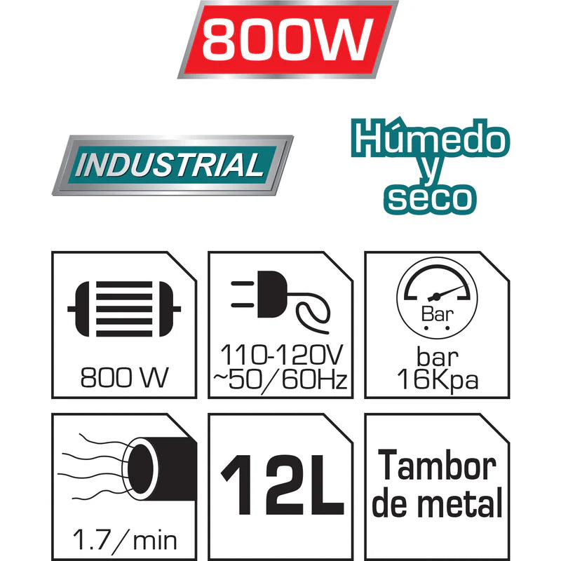Aspiradora De Limpieza Seco O Mojado 12 L. 800W. Tanque Acero Inoxidable. 110V-120V/60Hz Total UTVC14122 TOTAL