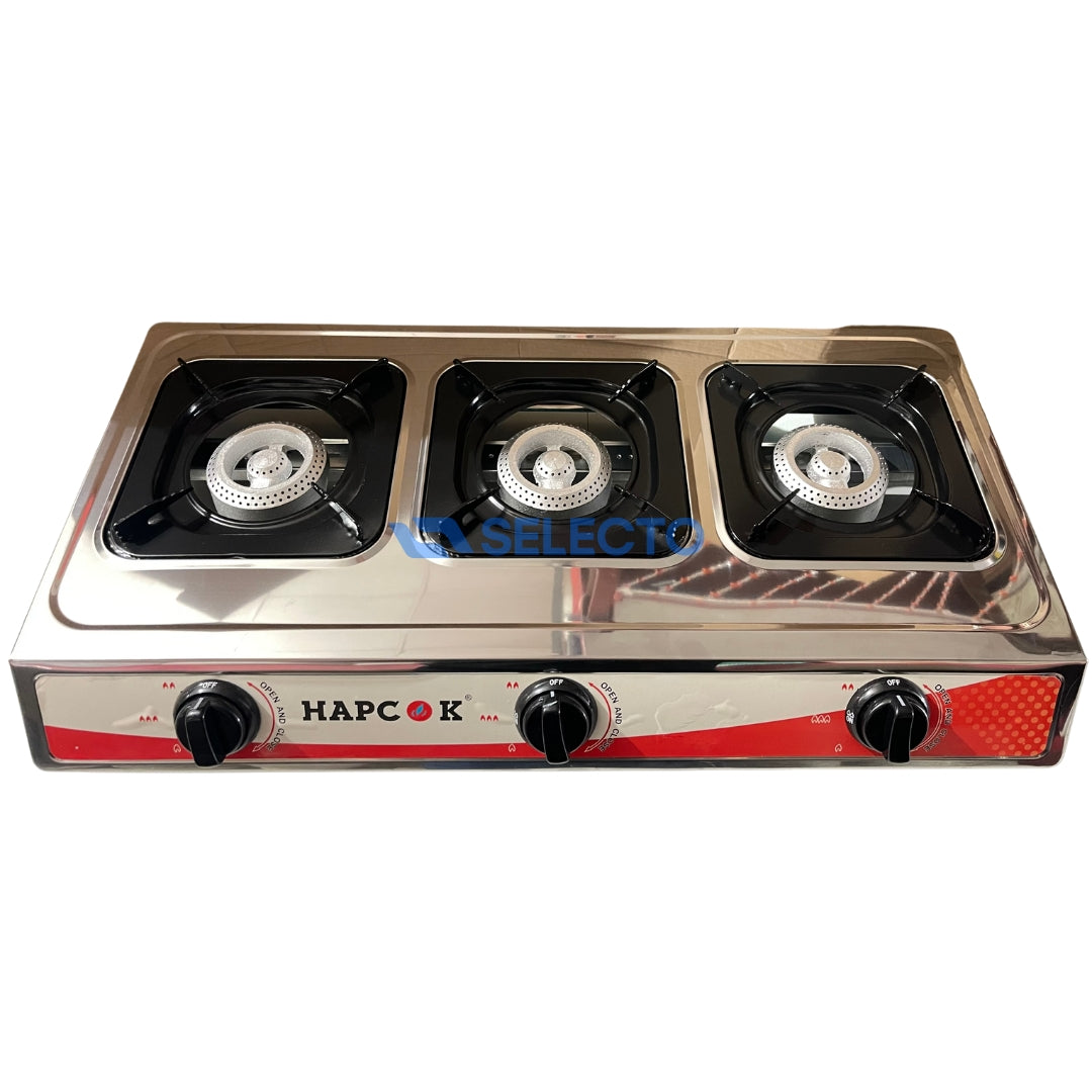 Estufa de Acero Inoxidable de 3 Quemadores de Hierro Fundido a Gas Hapcok Selecto