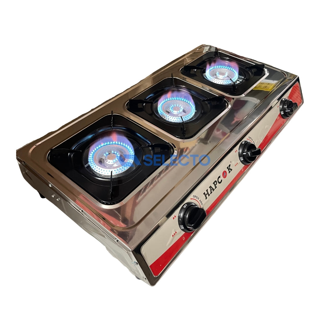 Estufa de Acero Inoxidable de 3 Quemadores de Hierro Fundido a Gas Hapcok Selecto