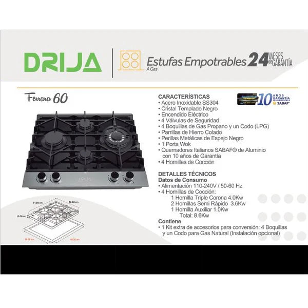 Estufa Empotrable a Gas 4 Quemadores FERRARA 60 PRO Drija