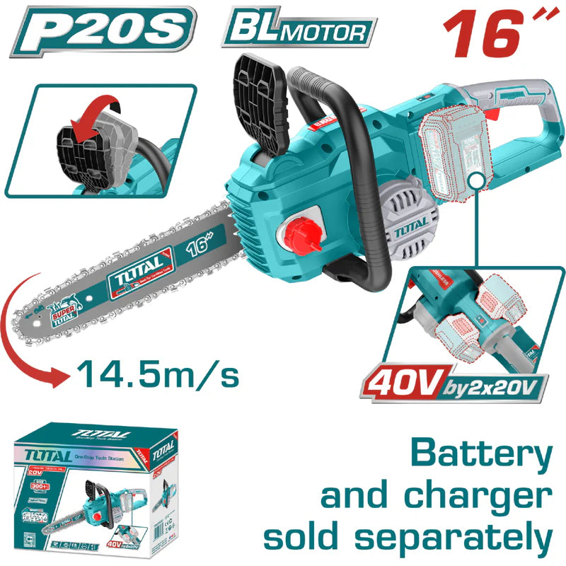 Motosierra De 16" 40V Motor Sin Escobillas. Usa 2 Baterias 20V Batería Y Cargador Por Separado. Total TGSLI40168 TOTAL