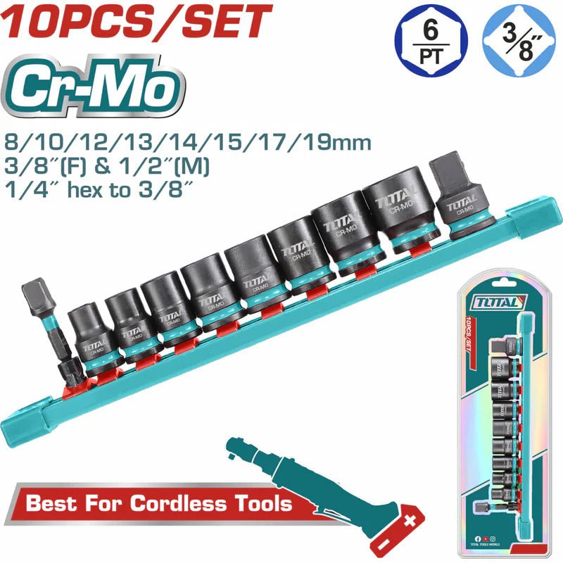 Dados Socket De Impacto 3/8" 8-14Mm. Cr-Mo. Tratamiento Térmico. Set De 10 Piezas. Total THTISD38104 TOTAL