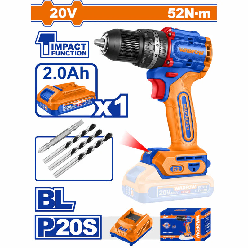 Taladro Drill Inalámbrico Función Impacto 52 NM 20V. 1/2″ 0–500 / 0–2000 Rpm Con Batería, Cargador Y Accesorios Wadfow UWCDP5282