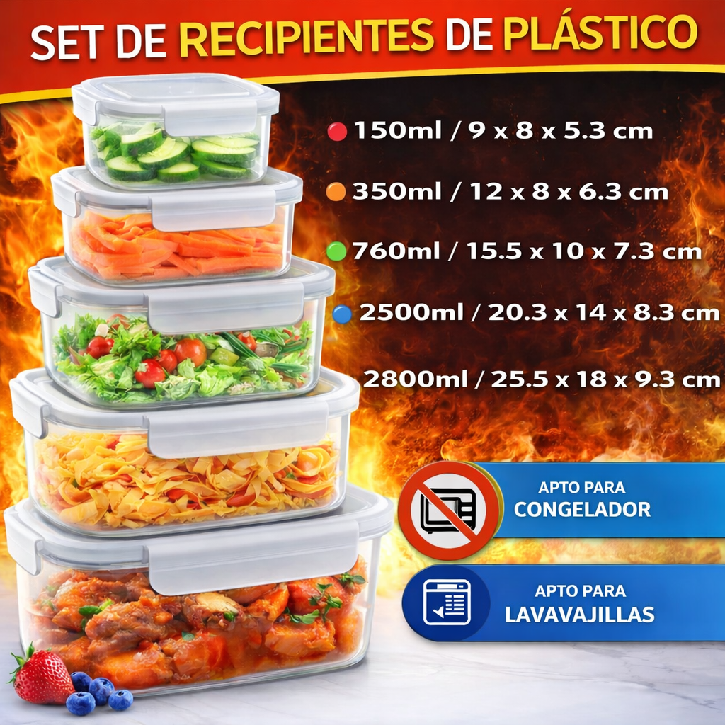 Juego de 5 Envases Plástico con Tapa Transparente 88528 Vasija. Lonche. Selecto