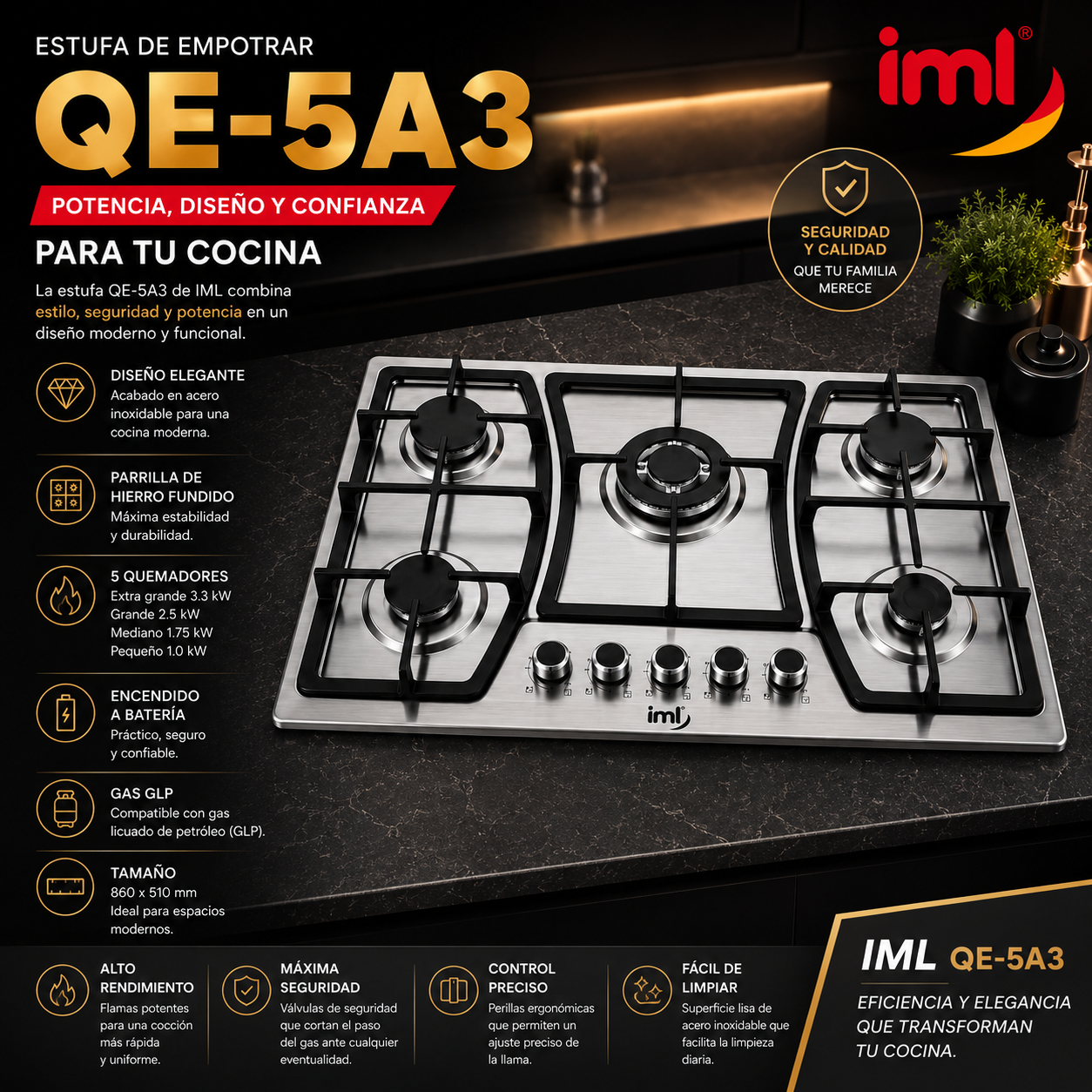 Estufa Empotrable a Gas de 5 Quemadores en Acero Inoxidable 86x51cm IML QE-5A3