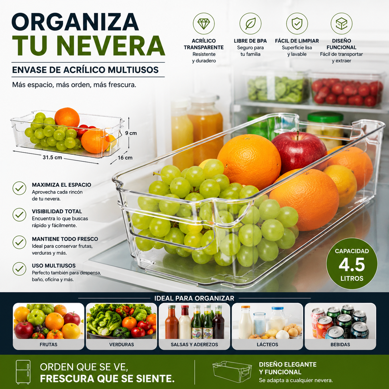 Organizador de Acrílico para Nevera Refrigeradora 31.5x16x9cm LHC-9725