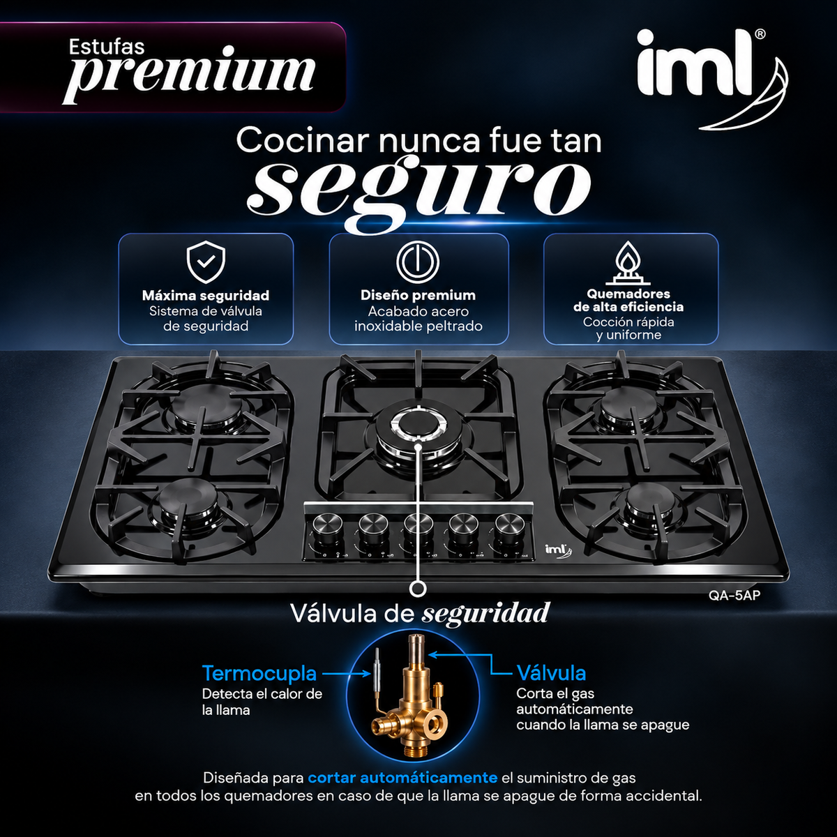 Estufa Empotrable a Gas Premium IML de 5 Quemadores con Válvula de Seguridad Acero Negro QA-5AP